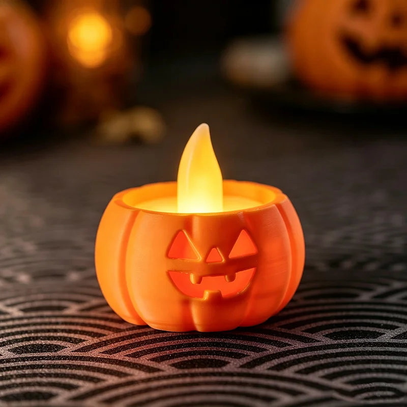 3D Printed Pumpkin Tealight Holder, Halloween Jack-o'-lantern Table Decor for LED Candle