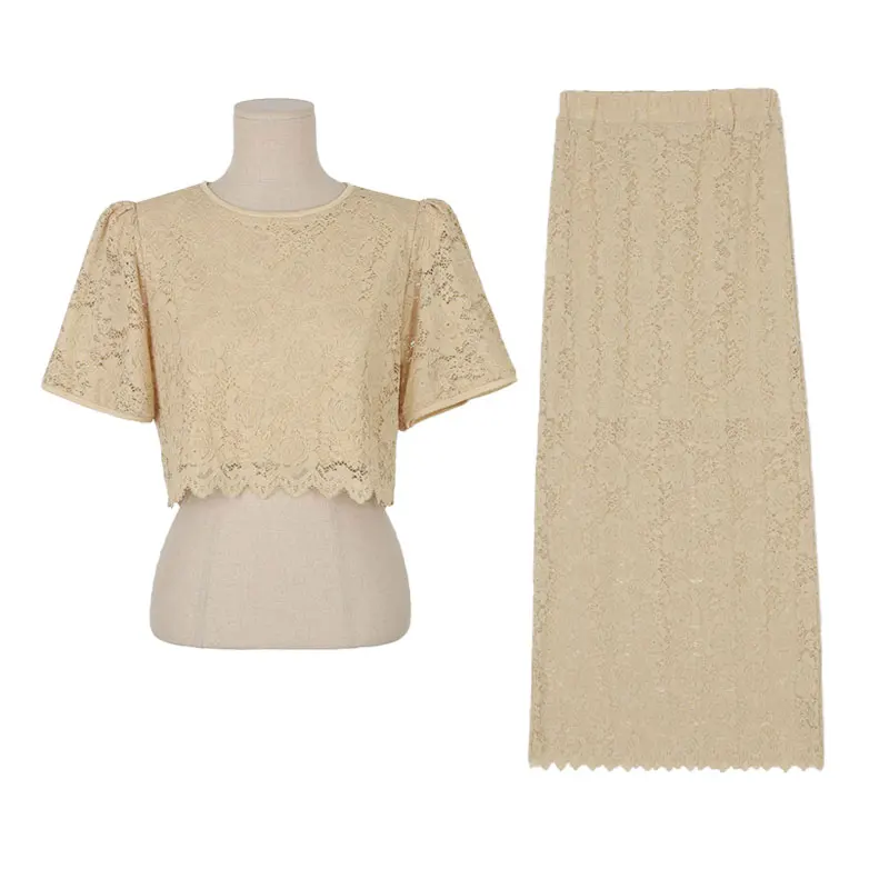 Champagne Gold Lace Summer 2 Pieces Outfit Women Clothing Pretty Formal Chic Puff Sleeve Cropped Tops + Midi Skirt Mujer Set