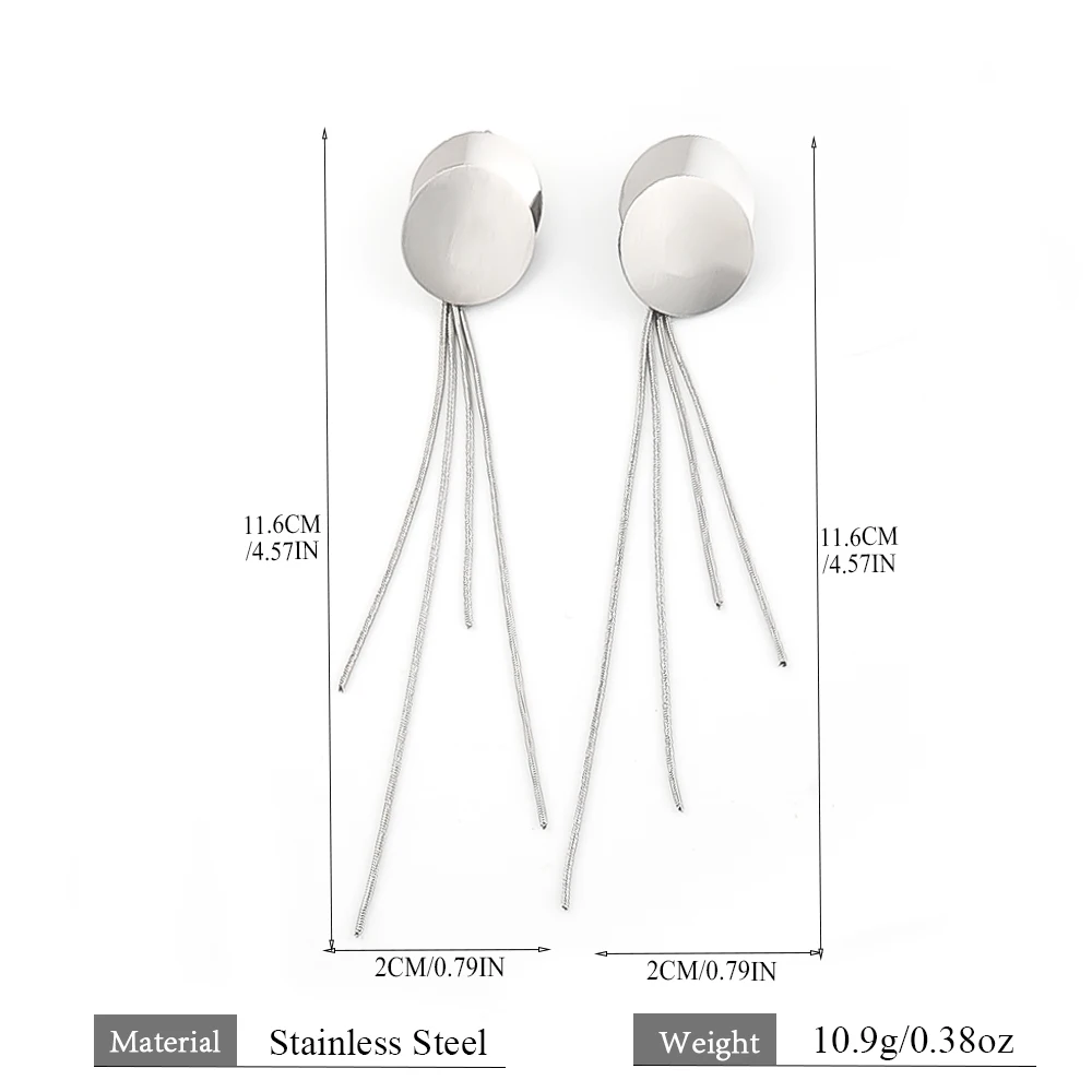 Minimalist Long Tassels Round Disc Dangle Earrings for Women Girls Stainless Steel Gold Silver Color Drop Earring Jewelry Gifts