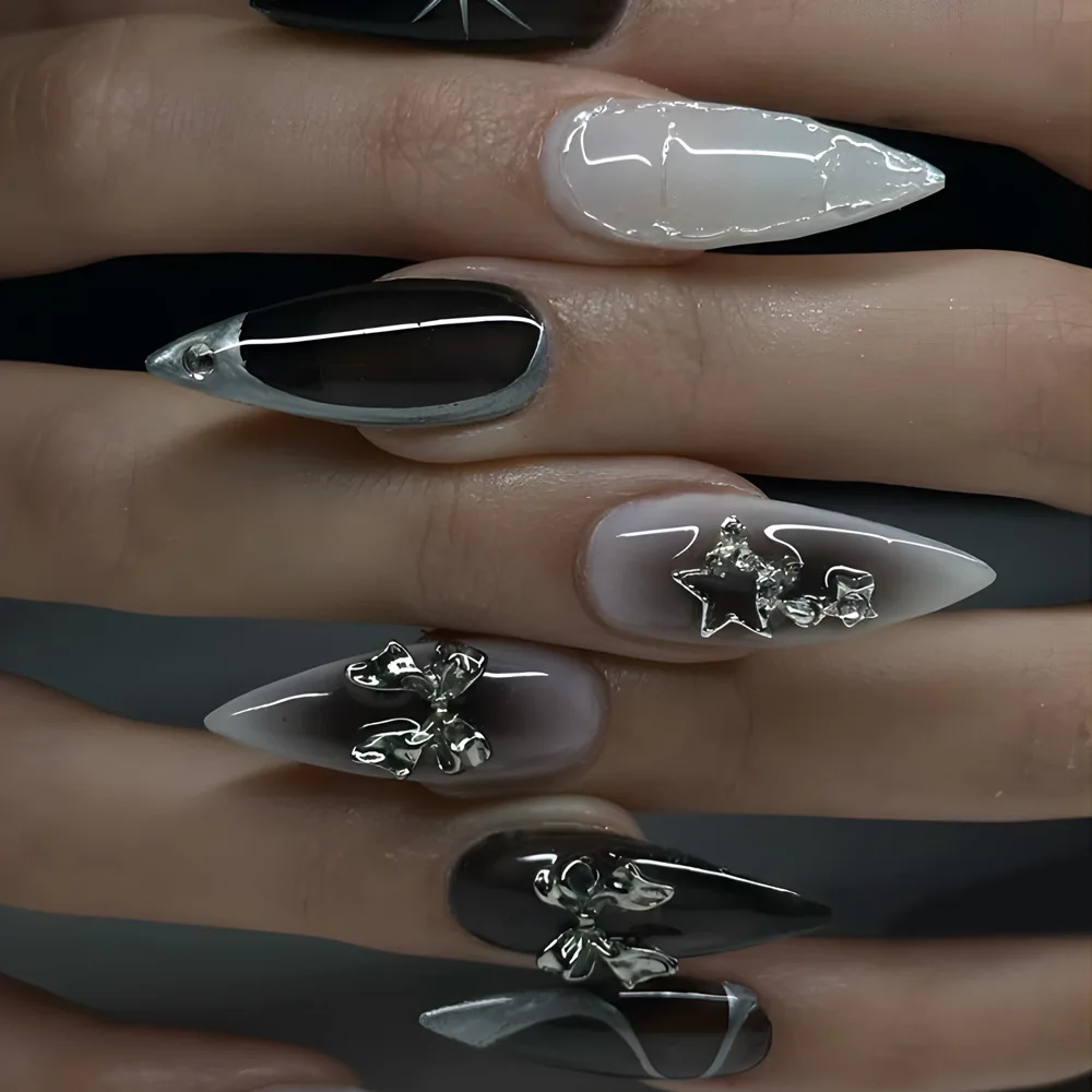 24 pçs longo stiletto imprensa em unhas falsas linha branca mancha design unhas falsas com pó brilhante destacável cobertura completa dicas de unhas