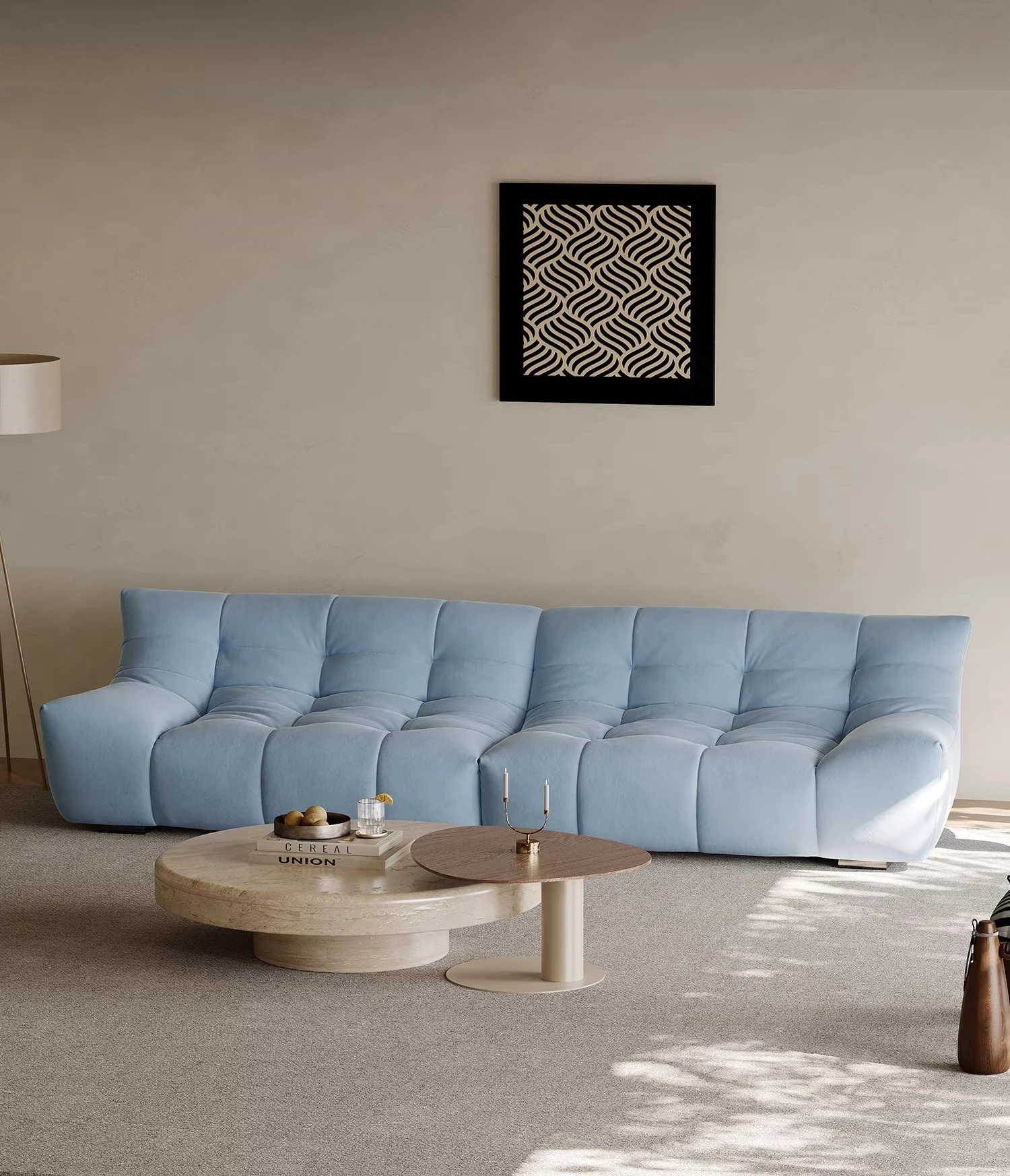 

Simple mousse sofa dopamine blue denim fabric sofa home living room minimalist design straight row three people