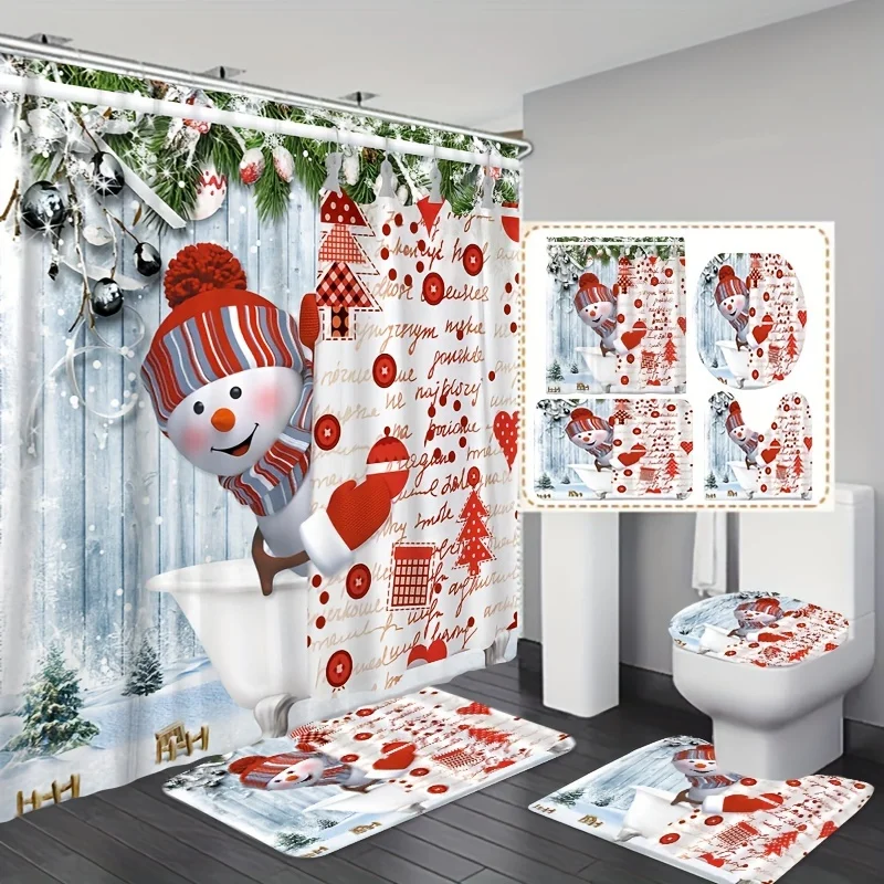 1/3/4pcs Snowman Pattern Bathroom Set, Waterproof Shower Curtain With 12 Hooks, Non-Slip Bath Rug, Toilet U-Shape Mat, Toilet Li