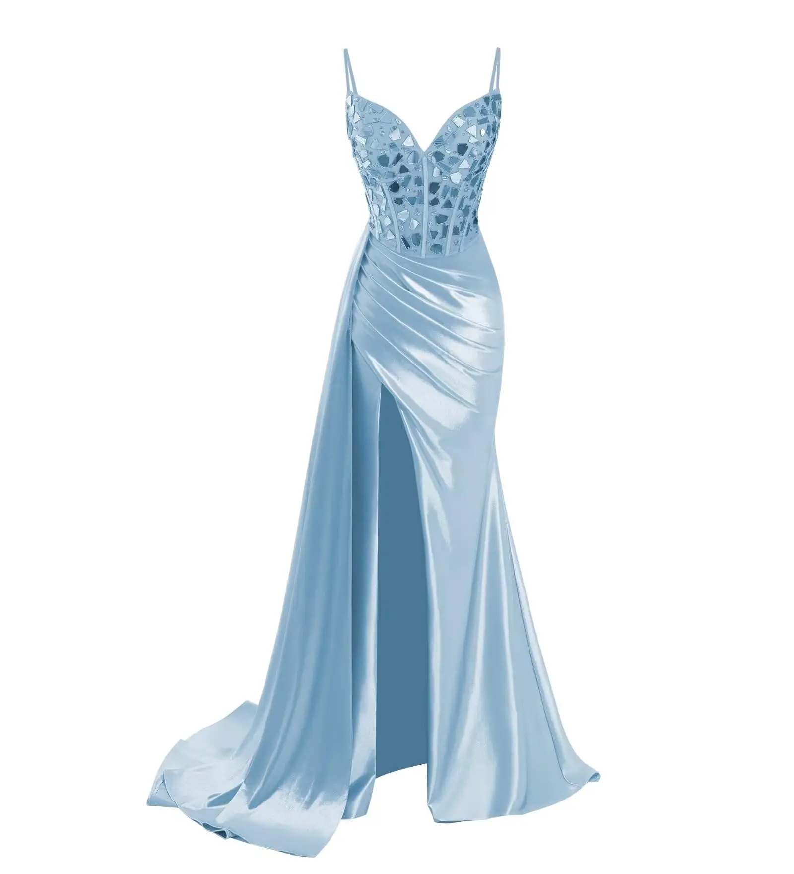 

Customized Clothfun Mermaid Spaghetti Strap Prom Dresses For Women Satin Crystal Beaded Ruched Evening Party Gown With Side Slit