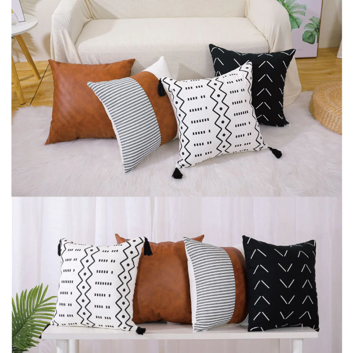 

Boho Throw Pillow Covers Set, Modern Stripe, Geometric Farmhouse, Faux Leather, Black and White, 18x18 Set of 4