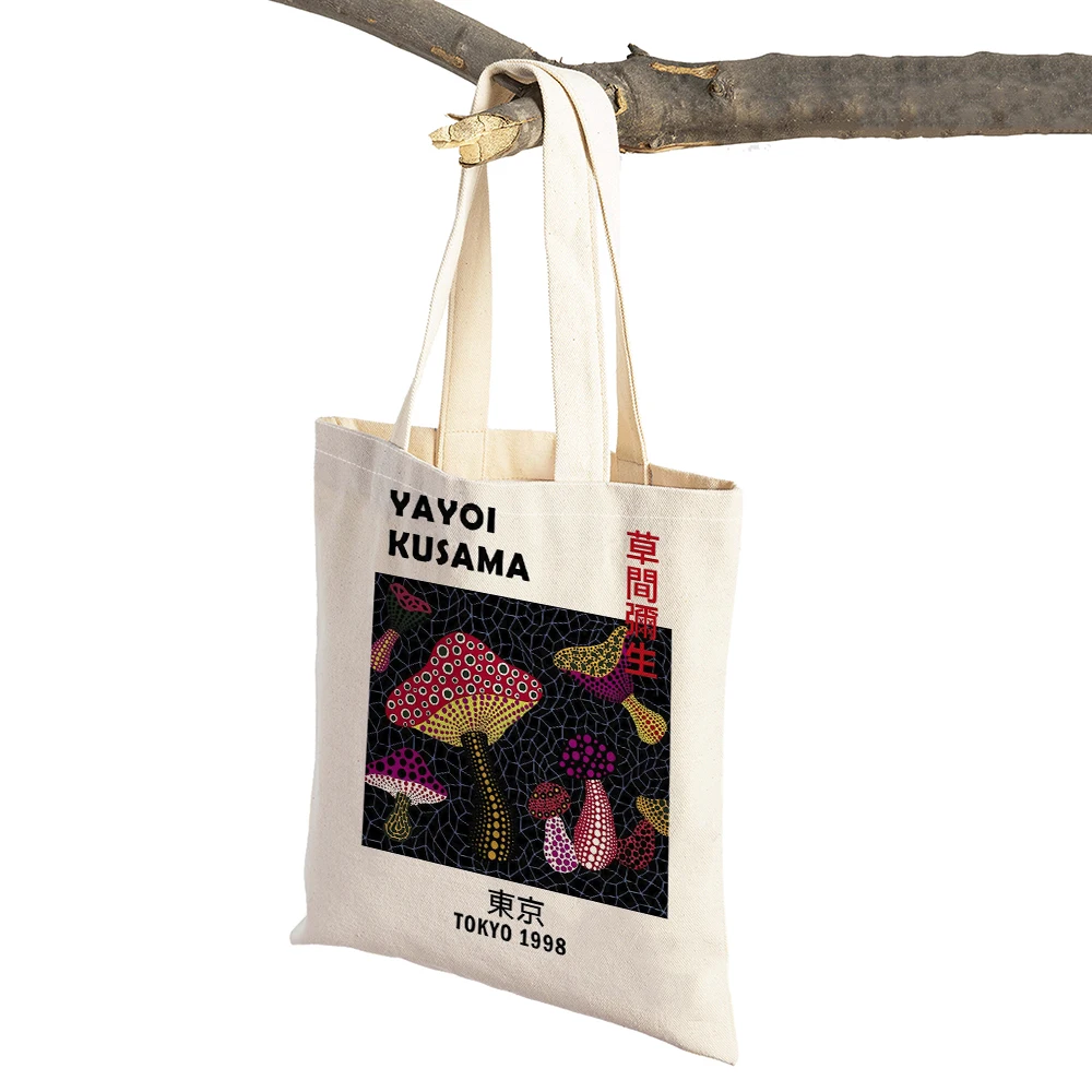 Yayoi Kusama Art Shopping Bag for Women Both Sided Japanese Abstract Casual Shopper Bags Lady Linen Tote Travel Handbag