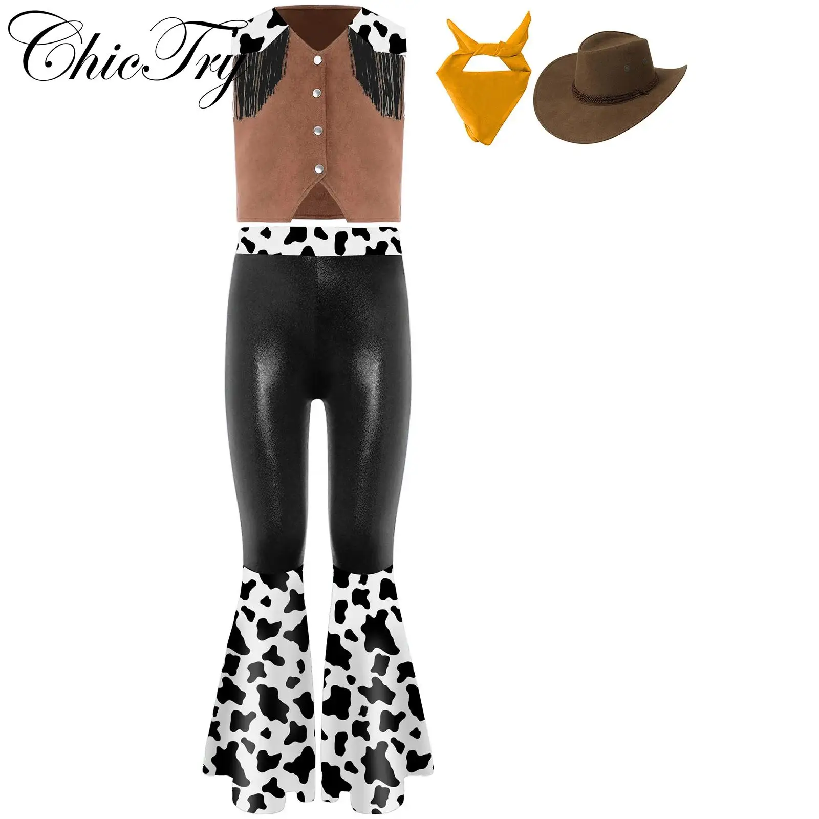 

Kids Girls Western Cowboy Costume 4 Piece Set Halloween Suit Chest Fringes with Vest Top Bell-Bottomed Pants with Scarf and Hat