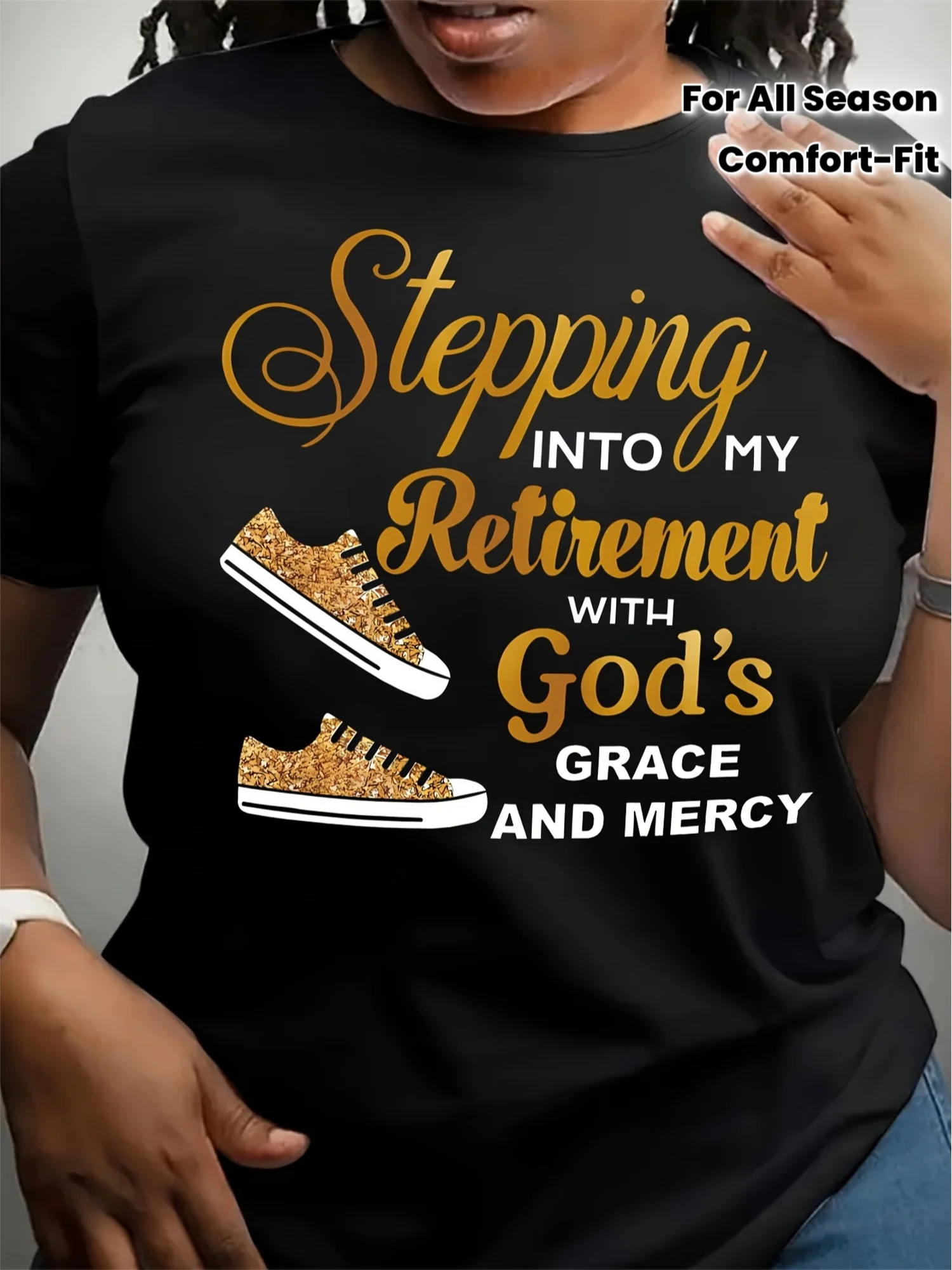 

Women's Inspirational "Stepping into My Retirement with God's Grace and Mercy" Black T-Shirt