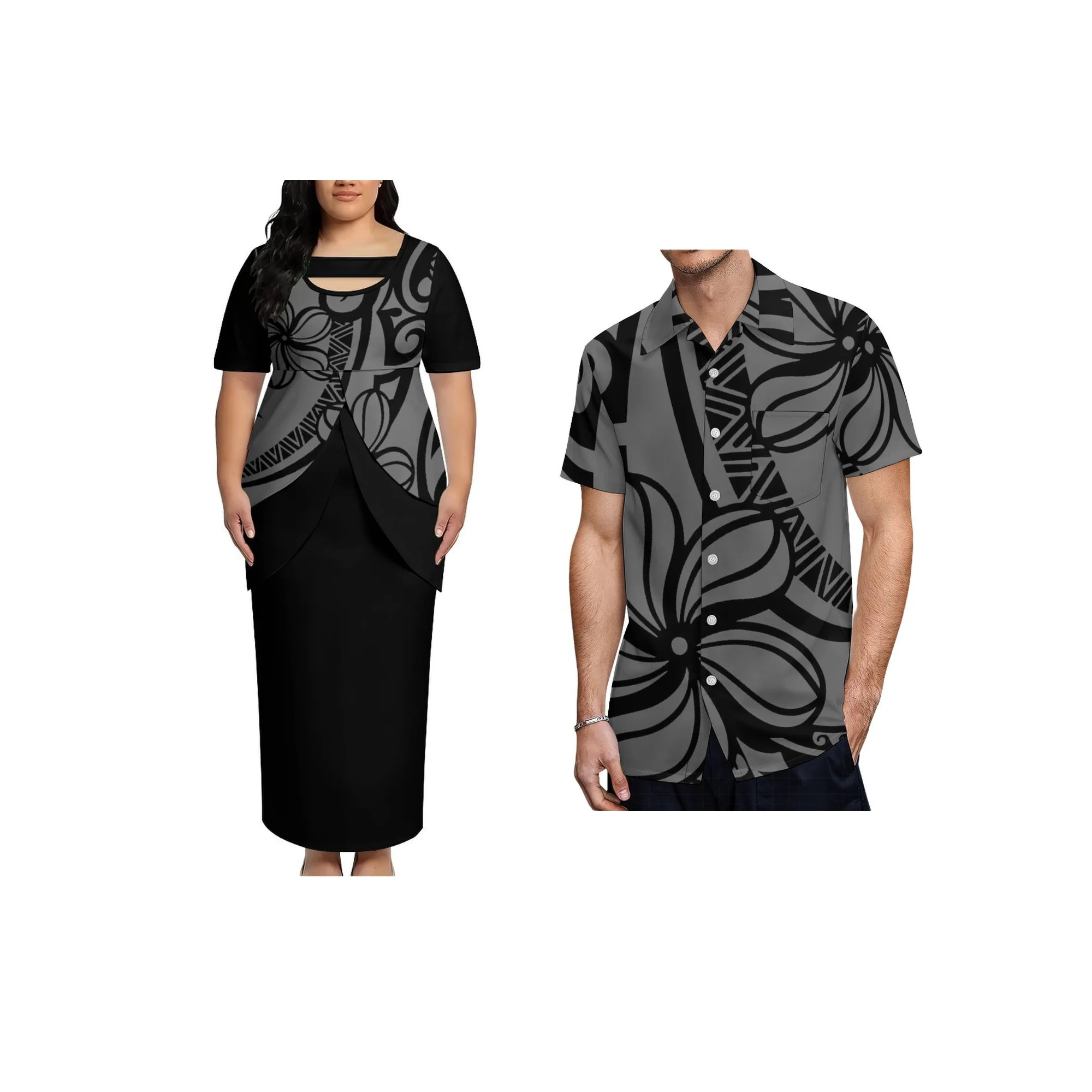 

High Quality Custom Pacific Island Style Plus Size Ladies Dress Polynesian Puletasi Dress O-neck Short Sleeve Dresses Two Piece