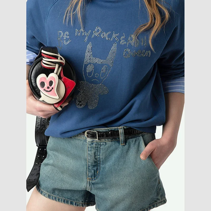 25 início do outono novo nicho francês pequeno diabo carta quente diamante clássico manga áspera azul camisola feminina