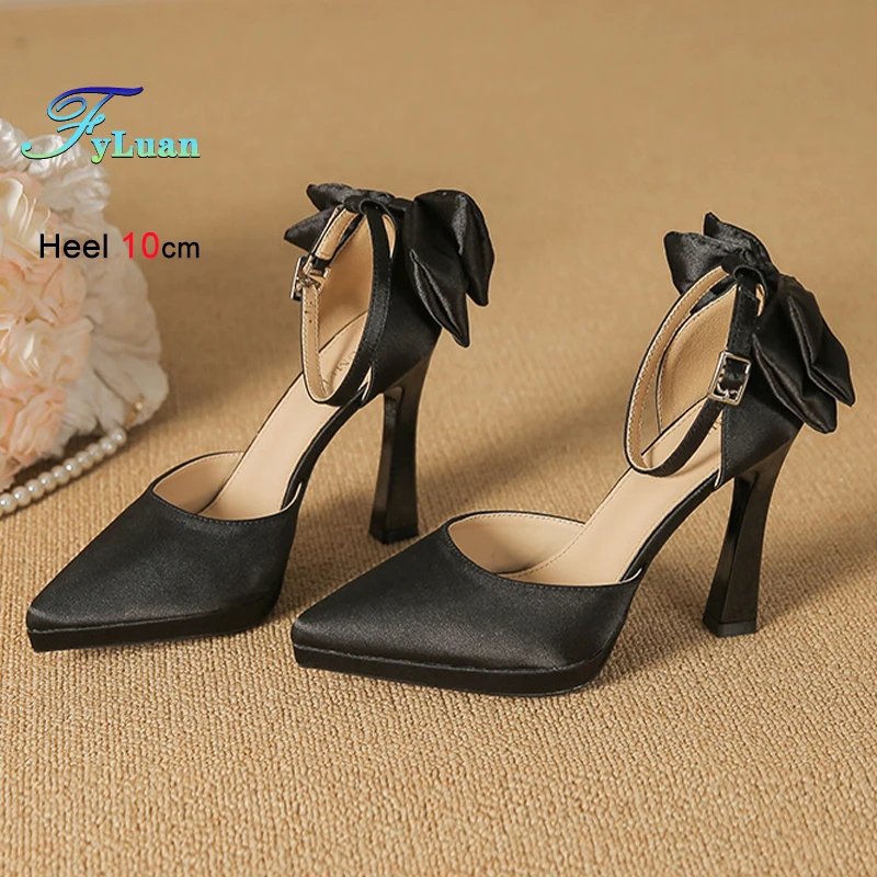 

Модная женская обувь 2025 года, темпераментные босоножки на высоком каблуке с закрытым носком, однотонные туфли на шпильке с острым носком и бантом