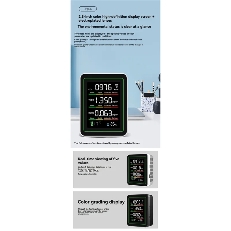 T98C-Multifunction Indoor Air Quality Monitor, CO2 Temperature Formaldehyde Humidity TVOC Detector For Rooms, Grow Tents Black