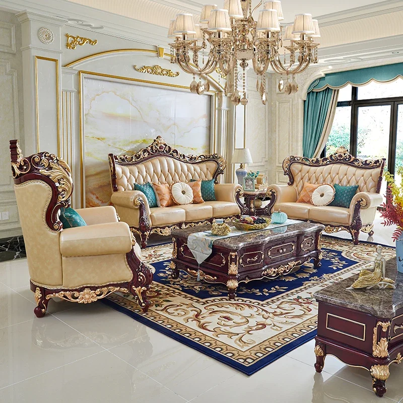 European style genuine leather sand living room, American style retro luxury solid wood carved top layer cowhide furniture