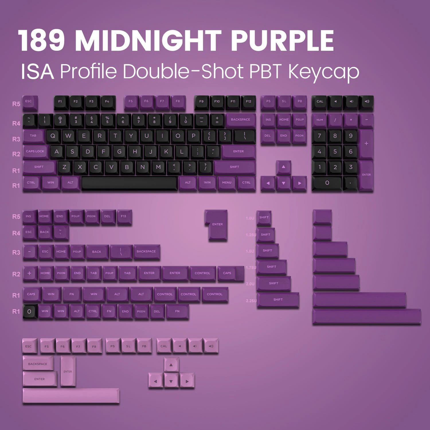 

189 Key PBT Double Shot Key Cap Black on Purple ISA Profile Keycaps for MX Switches Womier Anne Pro 2 Mechanical Gaming Keyboard