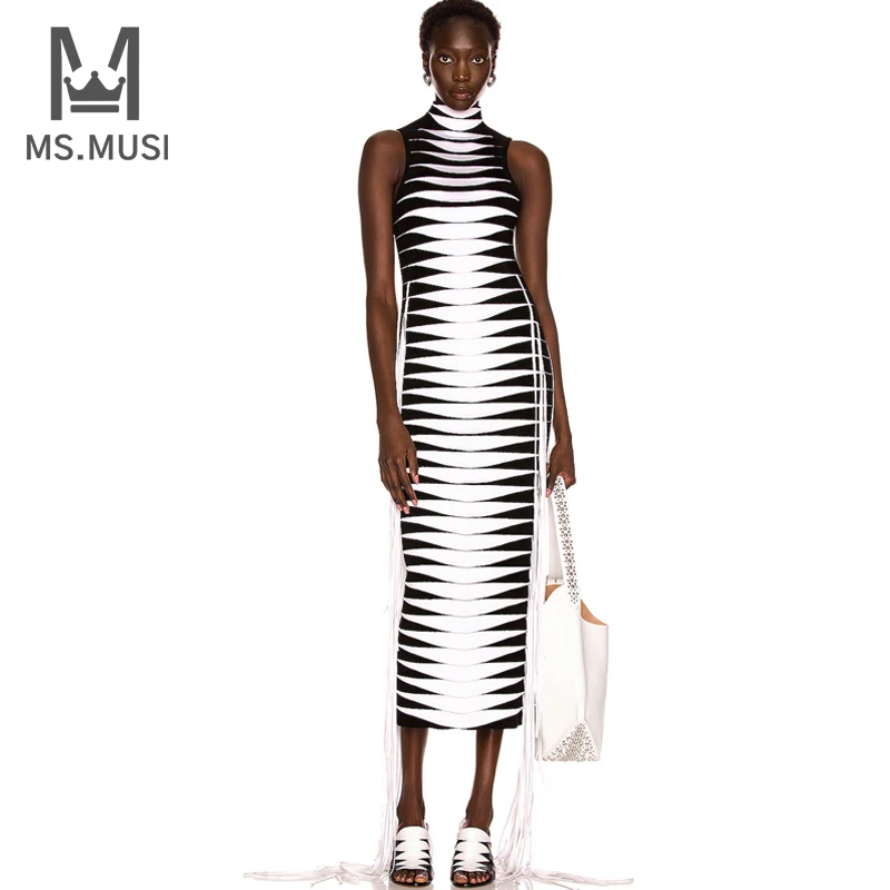 MSMUSI 2024 New Fashion Women Sexy Stand Neck Stripe Jacquard Weave Tassels Bodycon Party Club Sleeveless Bandage Midi Dress