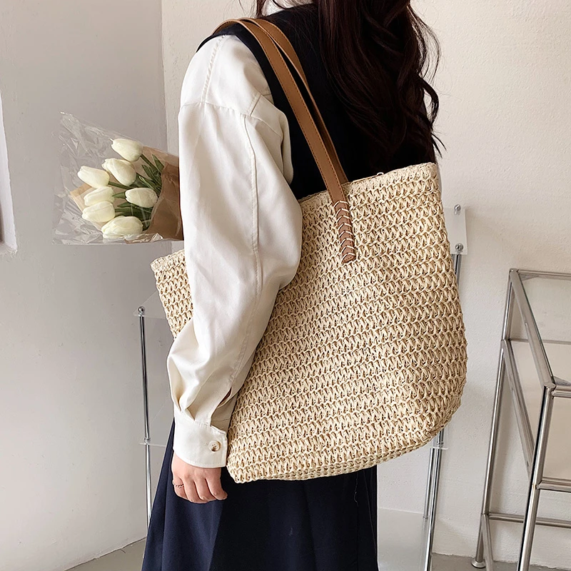 Hand-woven Women\'s Shoulder Handbag Bohemian 2024 Summer Fashion Straw Beach Tote Bag Travel Shopper Weaving Shopping Bags