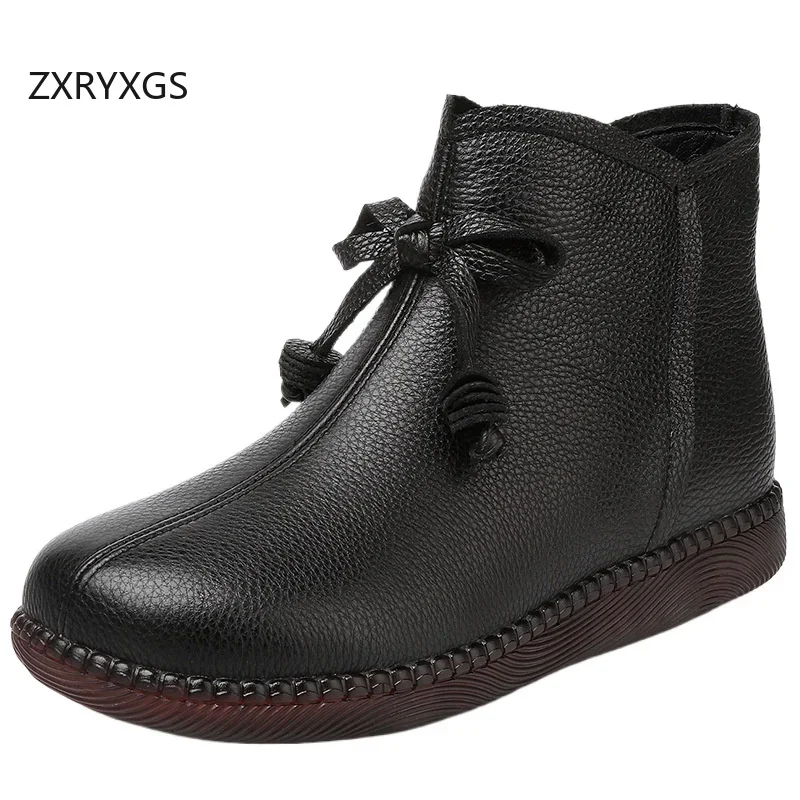 ZXRYXGS Top Layer Cowhide Women Leather Boots Flat Single Shoes Woman New 2024 Large Size Boots Winter Warm Shoes Comfort Boots