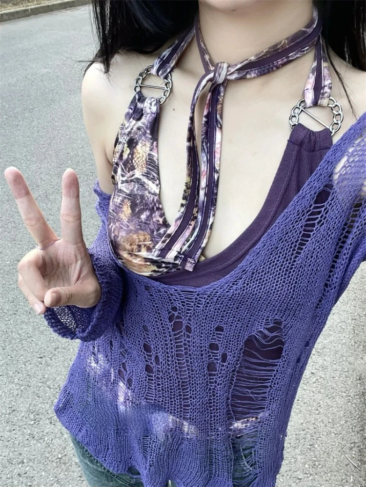 Summer Long Sleeve Hollow Out  Knitted Tops Women+ American Retro Print Patchwork Camisole Vest 2024 New Two Piece Sets