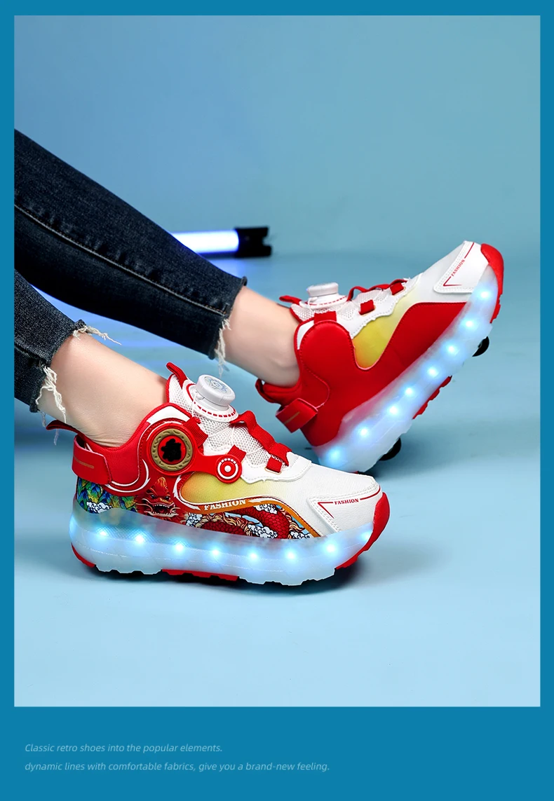 Kinder Vier Räder Leuchtende Leuchtende Turnschuhe Schwarz Rosa Led Licht Rollschuh Schuhe Kinder Led Schuhe Jungen Mädchen USB Lade – Detail 8