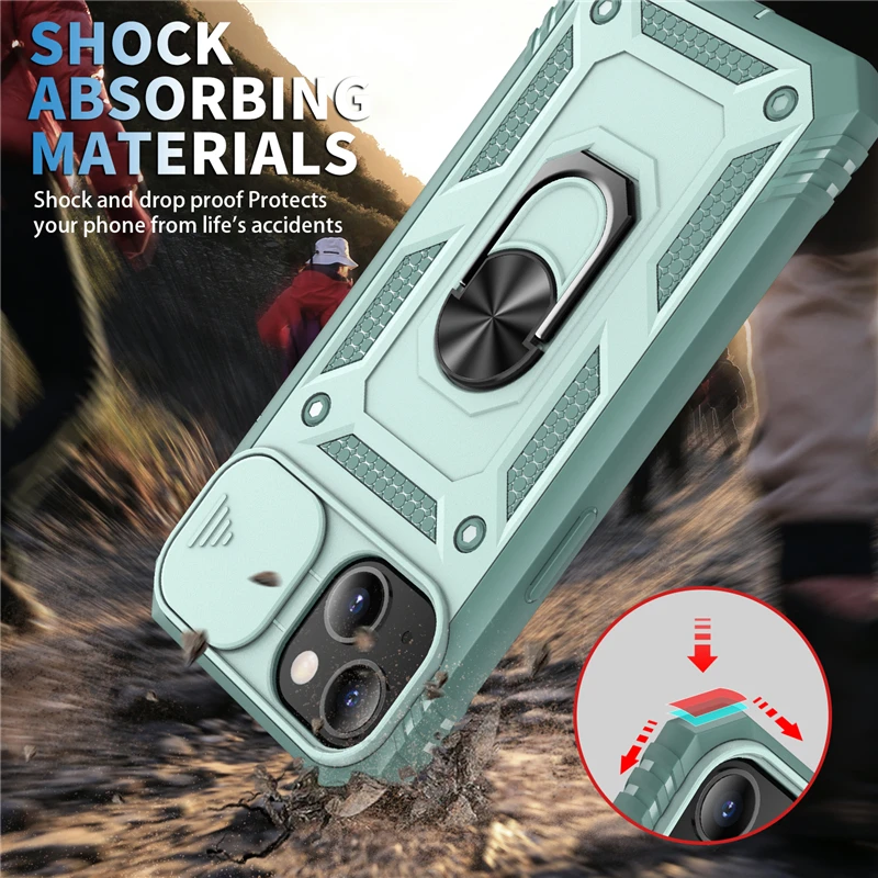 Slide Camera Lens Protection Magnetic Ring Holder Case For iPhone 17 16 15 14 13 12 11 Pro Max Plus Mini XR XS Shockproof Cover