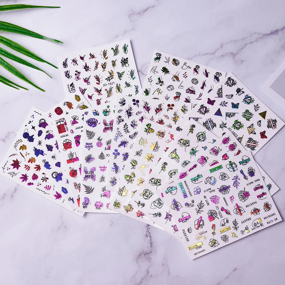 12/4Pcs 3D Colorful Flower Leaves Nail Sticker Abstract Geometry Line/Star/Heart Decals Adhesive Slider For Nail Art Decorations