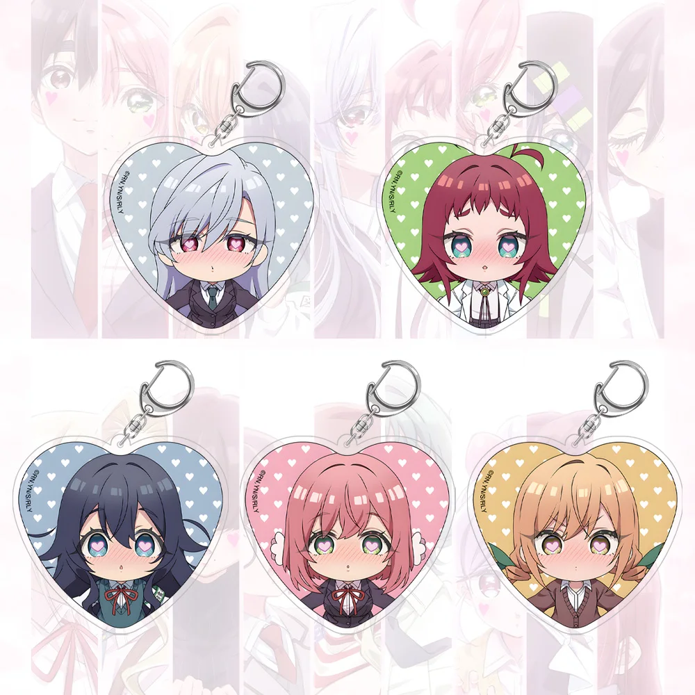 Anime 100 Girlfriends Small Heart Background Blushing Chibi School Uniform Karane Nano Kusuri Shizuka Figure Acrylic Keychain