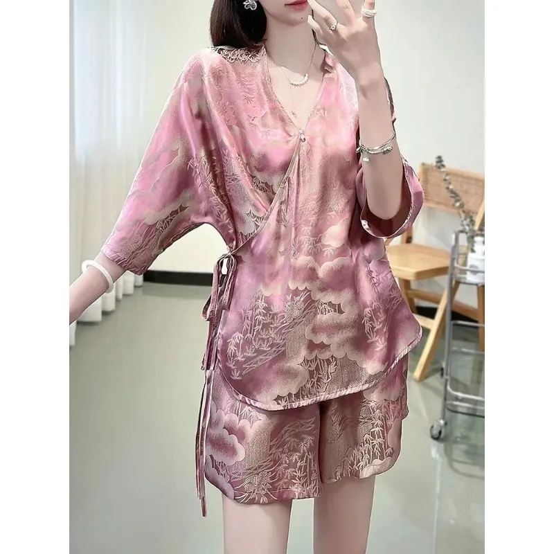 Light Cooked Chinese Style Set Summer New Temperament Short-sleeved Tops and Shorts Sense of Advanced Look Slimmer Printed Suit