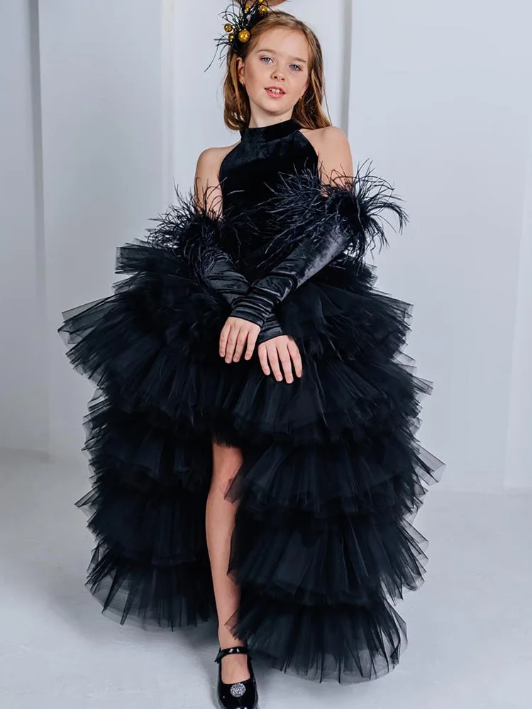 

Black children's dress halter halter princess dress birthday model catwalk dress short before long Shaggy gauze dress