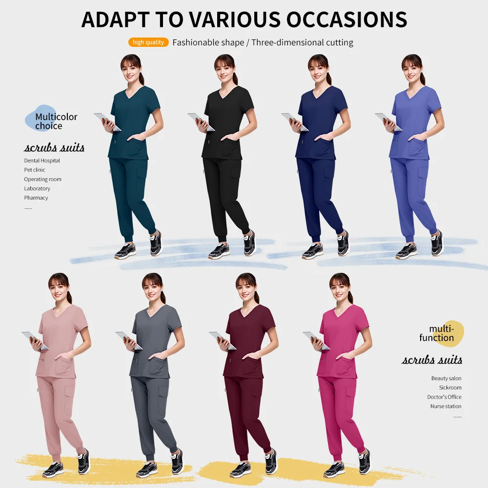 Scrubs Uniform Suit Hospital Doctor Costume Women Health Service Worker Nursing Surgery Set Solid Color Bauty Salon Work Clothes