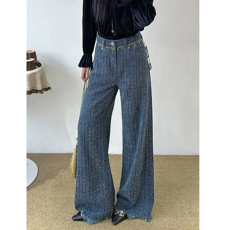 

Light Luxury Hot Stamping Design with Rough Edges, Wide Leg Jeans for Women, Autumn and Winter New Fashion Trend