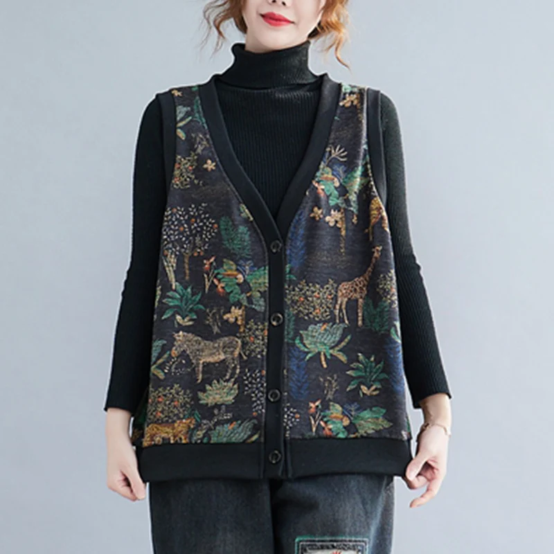 الرجعية طباعة Fce اصطف سترة دافئة ملابس خارجية حجم كبير المرأة المفتوحة سترة سترة صغيرة الخريف الشتاء الملابس سترة علوية