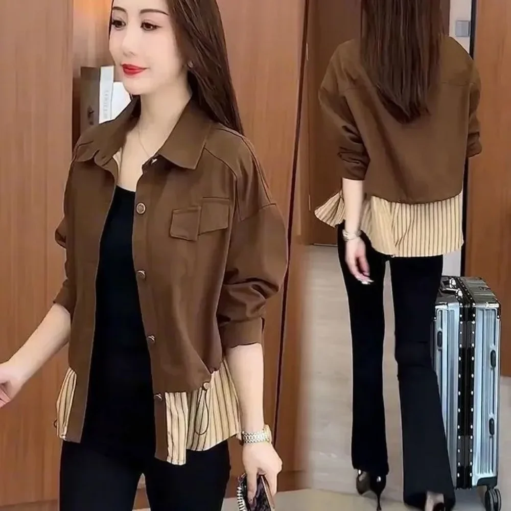 

Jacket for Women Splicing Coats Woman Short Loose Long Sleeve Luxury Cheap New in Outerwears Clothing Promotion 2025 Trend Offer