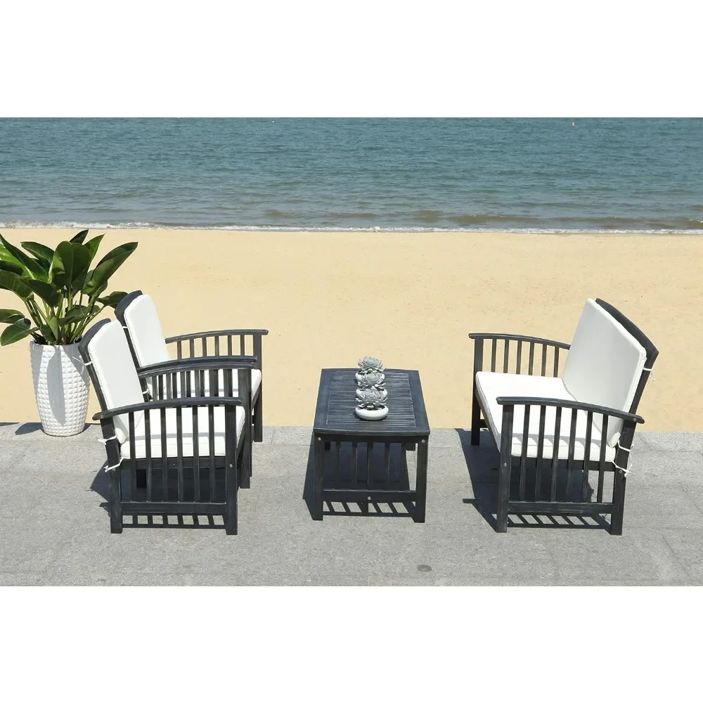 Outdoor Garden Furniture Set, Black and White Cushions, 4-Piece Conversation Patio Set, Free Shipping