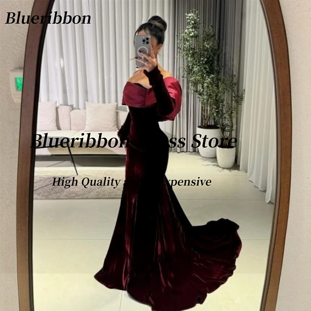 

Blueribbon Customized Velour Mermaid Evening Dresses Ruched Boat Neck Long Sleeves Prom Dress Zipper Back Formal Occasion Gowns