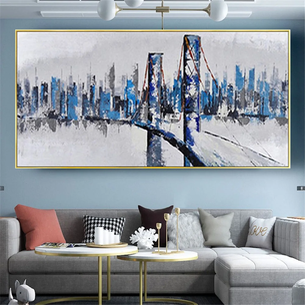 

High-Quality Hand-Painted Modern New York City Manhattan Bridge Landscape Canvas Oil Paintings Decor Living Room Wall Decoration