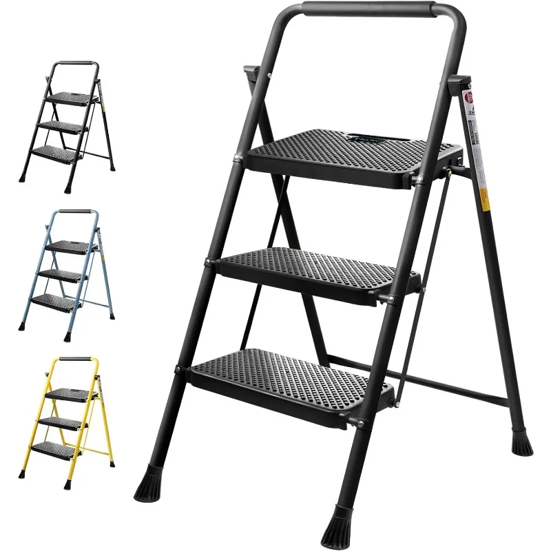 

3 Step Ladder, Heavy Duty Foldable Step Stool, 330lbs Rated Portable Steel Folding Stool with Wide Steps and Handgrip, Black