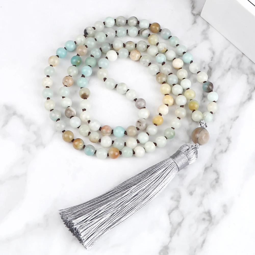 108 Mala Natural Stone Matte Amazonite Round Beads Necklaces Women Buddhist Buddha Meditation Necklaces Men Prayer Yoga Jewelry