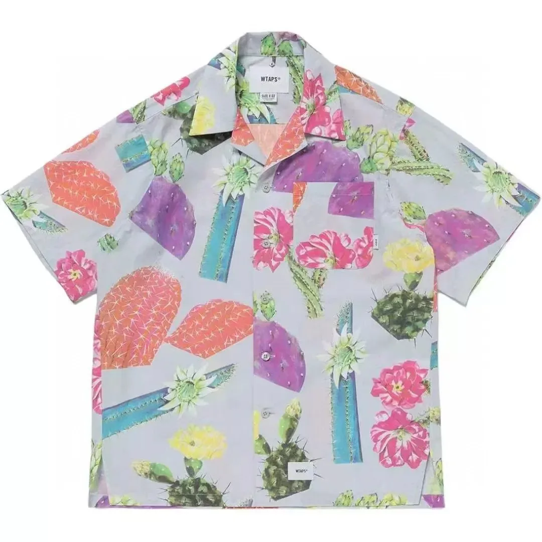 WTAPS Hawaiian Cactus Print Short Sleeve Shirt Men Women Summer Vintage Cuban  Loose Fit Casual Beach Vacation Streetwear Top