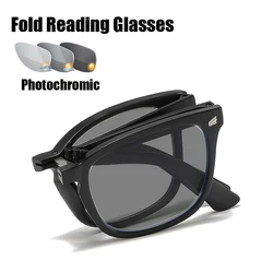 Folding Photochromic Sun Glasses Women Men Vintage Color Changing Square Reading Glasses Outdoor Portable Finished Presbyopia