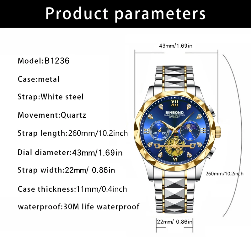 BINBOND orologio di lusso per uomo 30M impermeabile luminoso data settimana orologio da uomo in acciaio inossidabile cronografo Casual orologi da