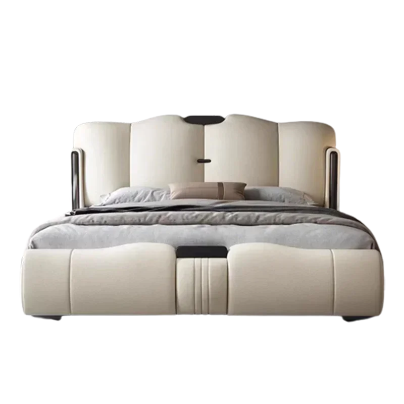 Nordic Modern European Double Bed Waterproof Luxury Salon King Double Bed White Genuine Leather Cama Matrimonial Home Furniture