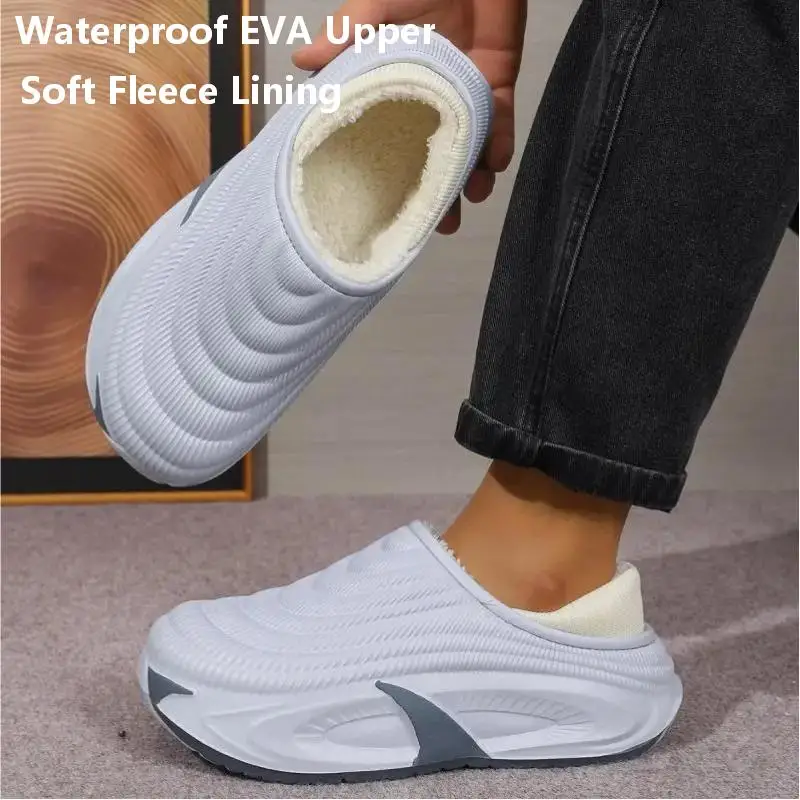 SHAJI Men's Waterproof EVA House Slippers Fleece Lined Warm Winter Clogs Non Slip Thick Sole Closed Back Indoor Outdoor Shoes