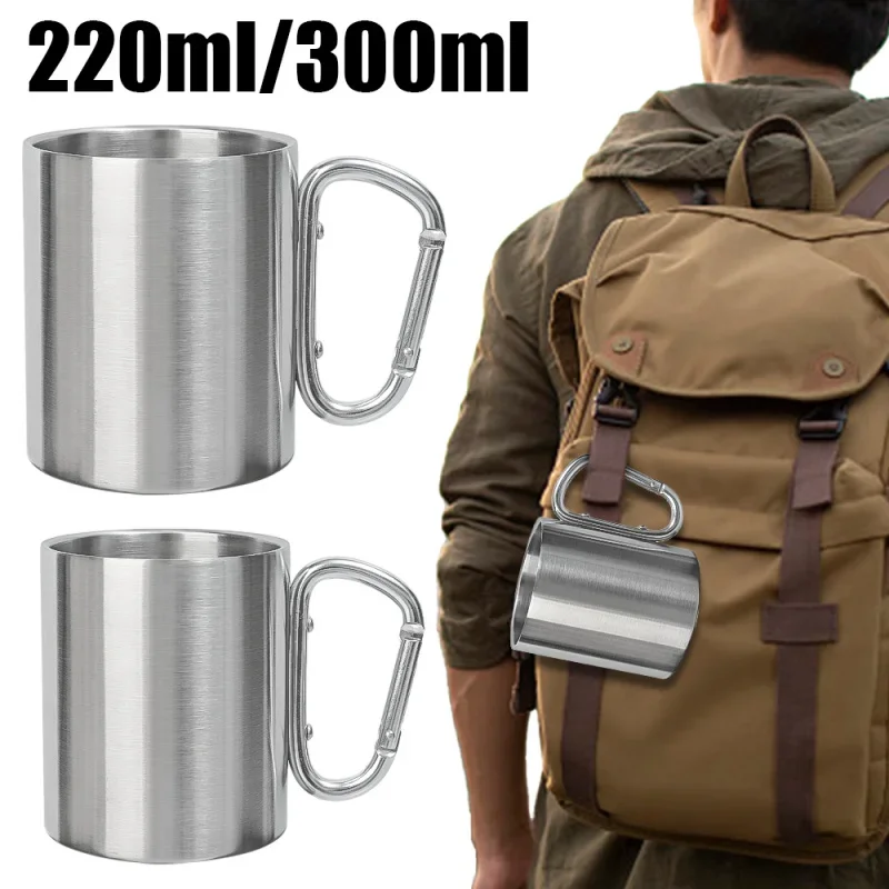 Picnic outdoor drinking glass portable coffee cup stainless steel double layer climbing button carabiner Cup camping tea cup mug