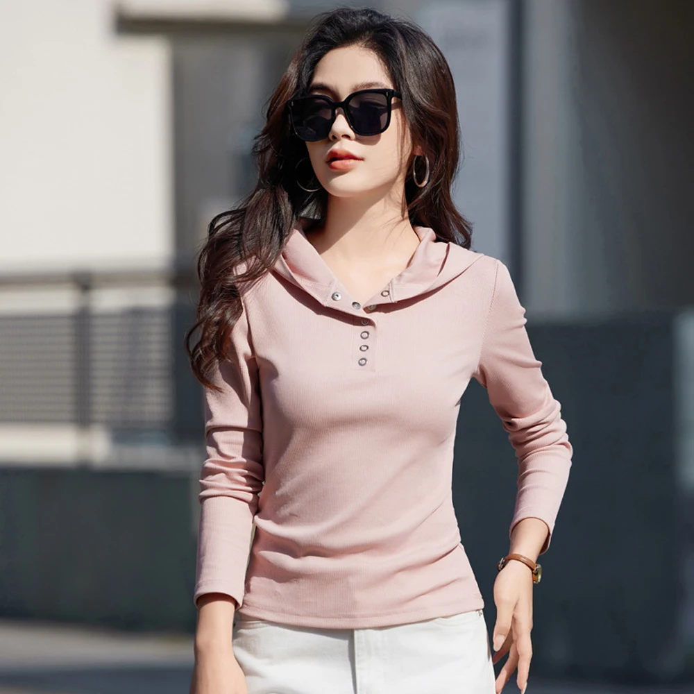 

Korean version pink long sleeved t-shirt for women's autumn new high-end cotton fashion plus size hooded button casual top