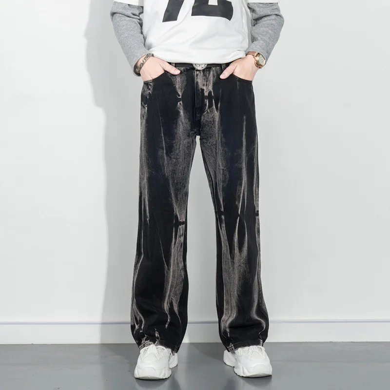 타이다이 레트로 청바지 소년 및 청소년용, 루즈 와이드 레그 팬츠, 아메리칸 스트리트 훌리건 멋진 블랙 롱 팬츠