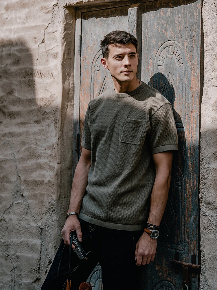 SIMWOOD 2024 Summer New Knitted Tops Men Breathable Chest Pockets T-shirts Plus Size 100% Cotton Brand Clothing