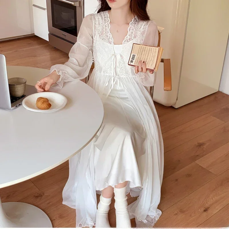 Sweet Fairy White Mesh Night Dress Women Autumn Sexy Sleepwear Nightwear Vintage Victorian Gown and Robe Sets Pijamas Nightwear