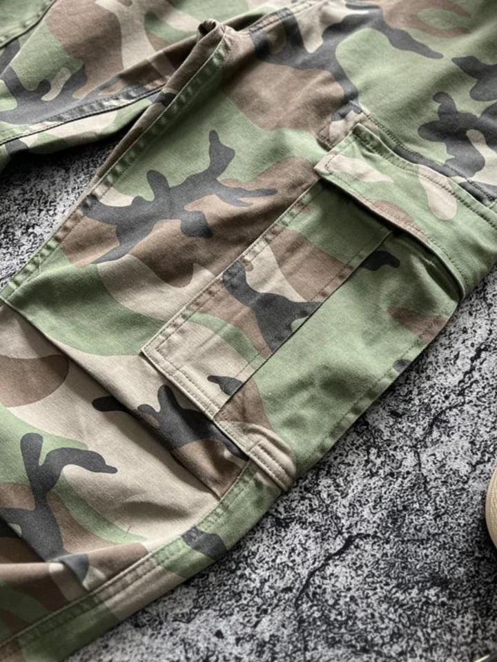 Amekaji American Retro Military Cargo Pants - Stretch Green Camo