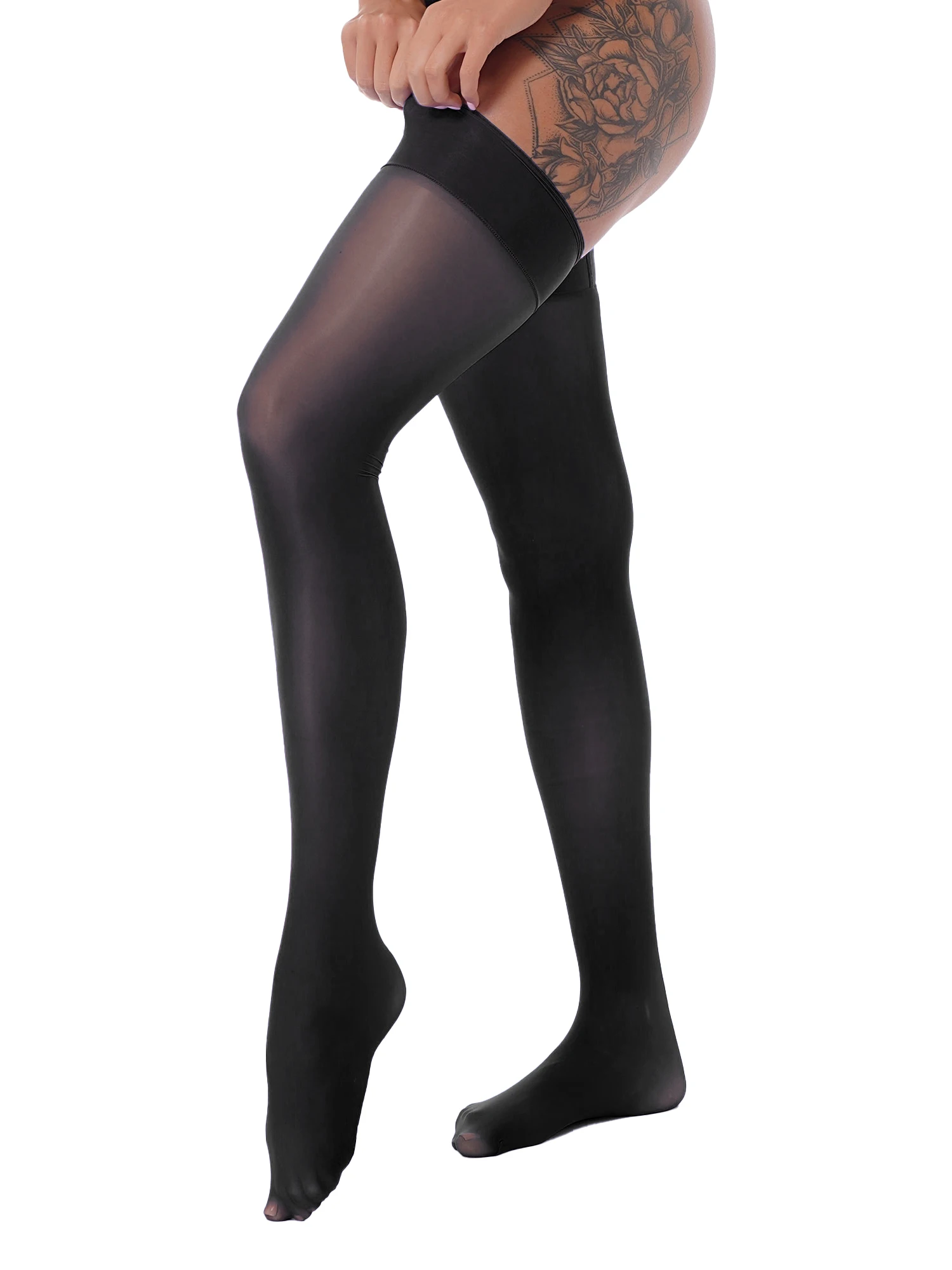 

Women Glossy See-through Thigh High Stockings Thin Shiny Elastic Sheer Solid Color Socks