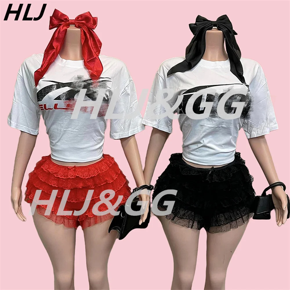 HLJ Trend FashionY2K Print Lace Ruffle Skirts Two Piece Sets Women Round Neck Loose Tshirt And Skirts Shorts Outfits Streetwear