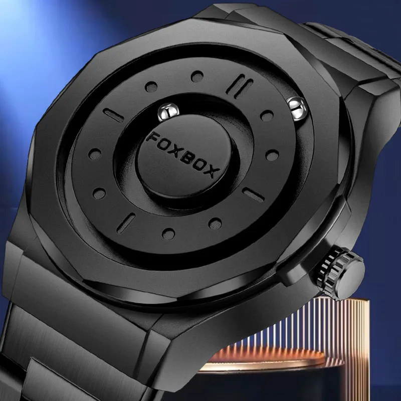 

FOXBOX новые водонепроницаемые часы с магнитной указкой для мужчин, черные спортивные мужские кварцевые часы из нержавеющей стали, Reloj Hombre